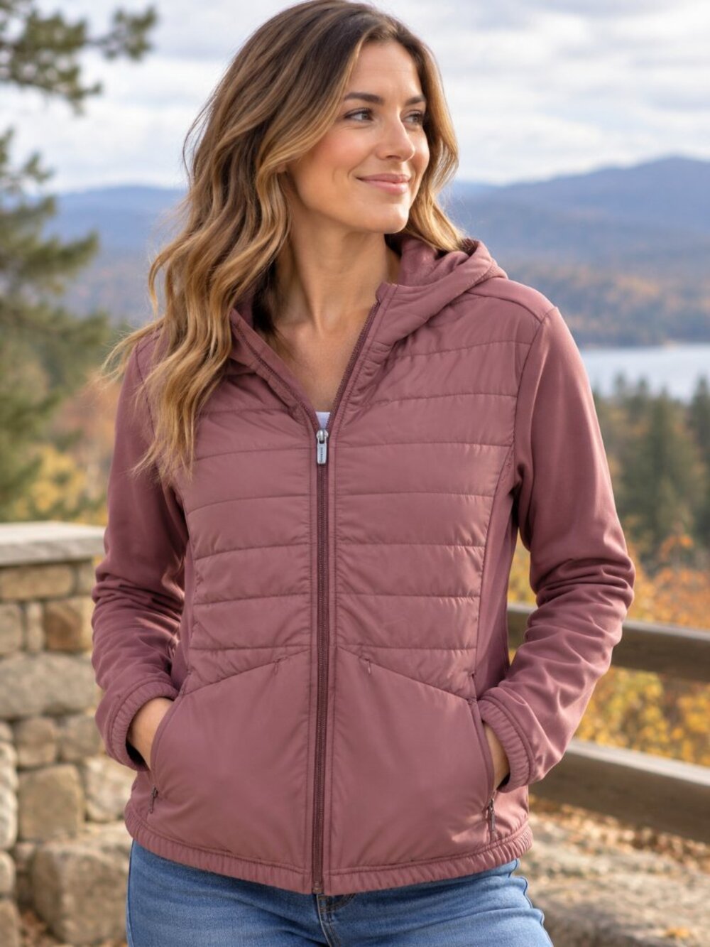 NWT Avalanche Mauve Quilted Hybrid Full Zip Hooded Jacket